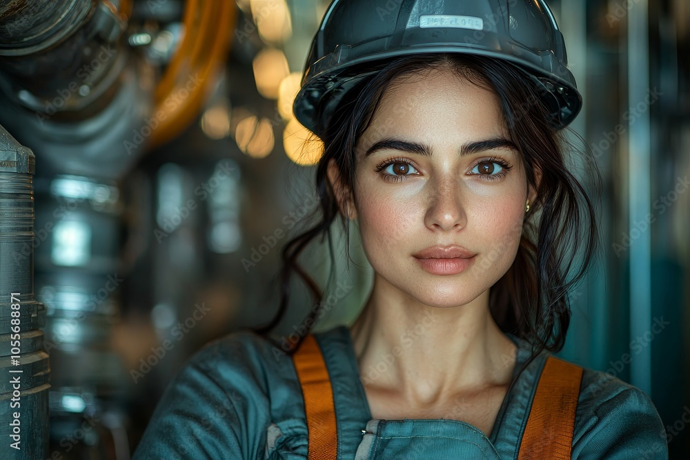 Confident female engineer in industrial setting with helmet and work attire Confident female engineer in industrial setting with helmet and work attire