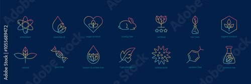 Organic Cosmetics Line Icon set. Hypoallergenic, GMO free, Eco friendly cruelty free, natural, vegan signs. Gradient Badges for beauty product. Vector illustration on dark background	