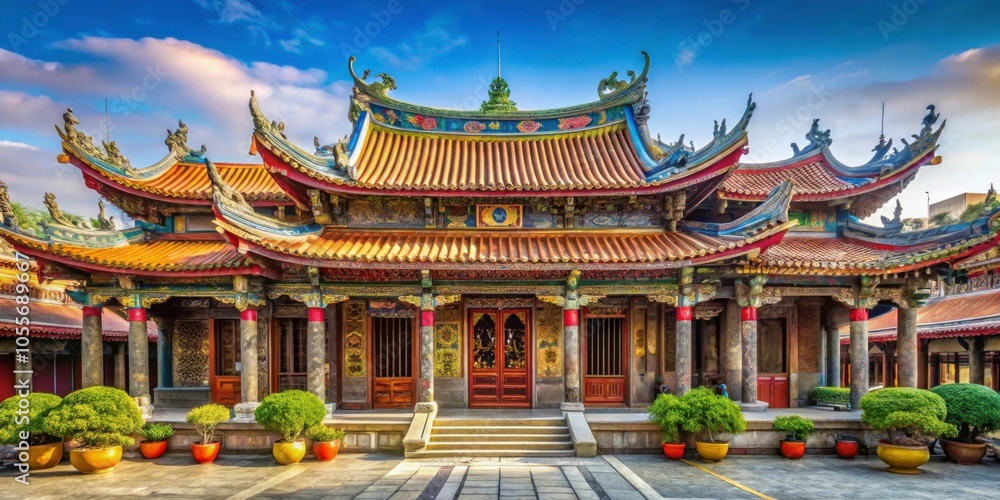 Naklejka premium Longshan Chinese Buddhist Temple in Taipei, featuring intricate architectural details, colorful decorations