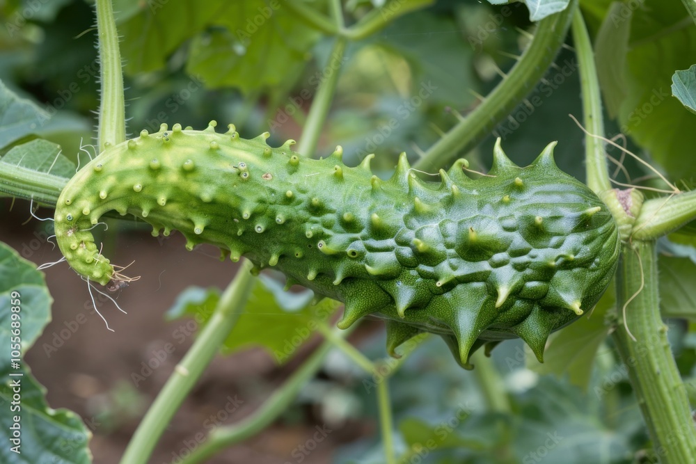 Spiky green wild cucumber growing on a vine in a garden Spiky green wild cucumber growing on a vine in a garden
