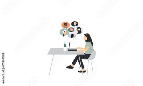 Woman is sitting in front of a laptop, talking to people on the screen. Communication concept.