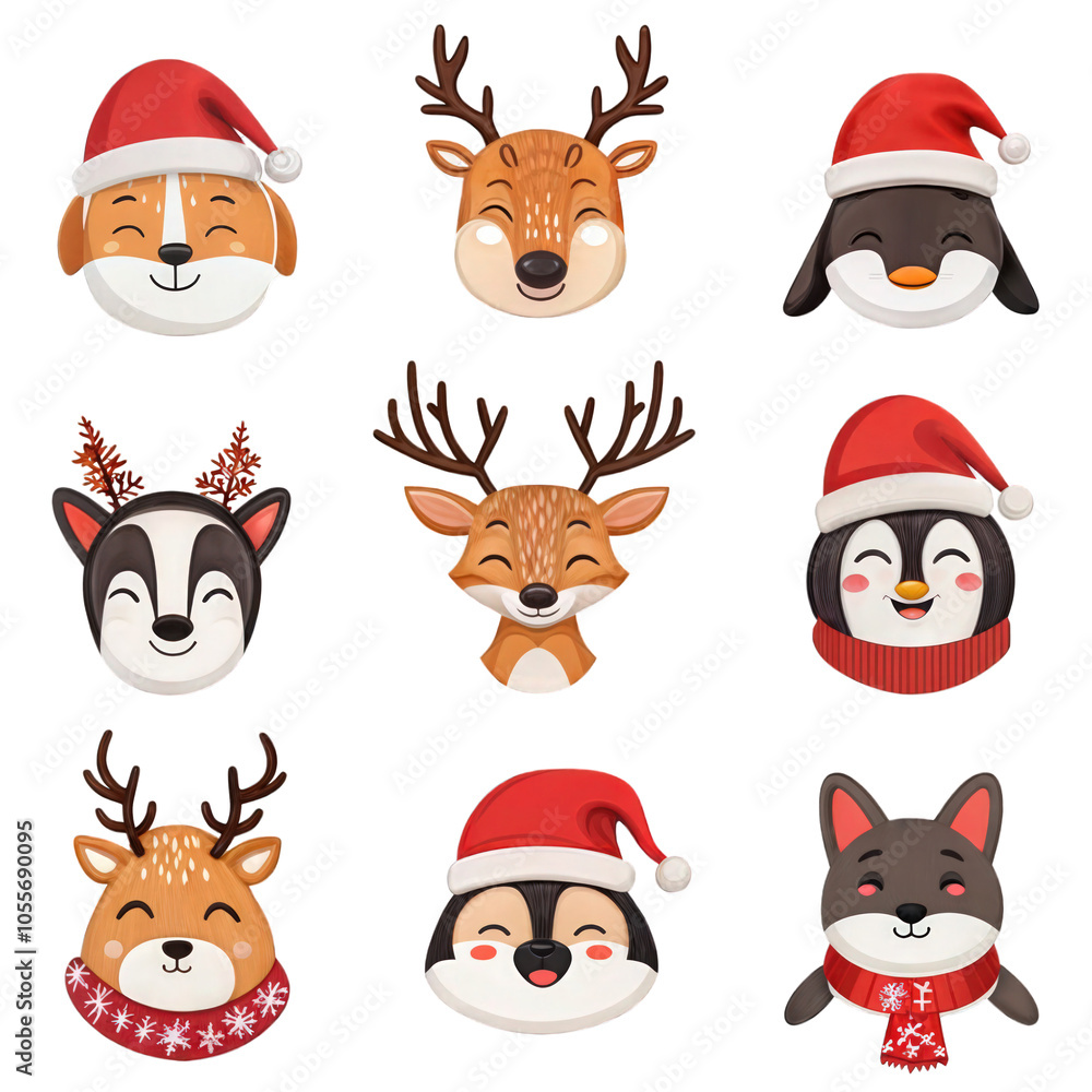 Fototapeta premium Set of cute animal Christmas avatars with Santa hats, including reindeer, dog, fox, and penguin, isolated on transparent background