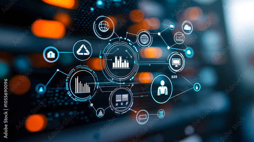 Abstract digital artwork depicting business resources and data visualization, featuring graphs, icons, and network connections, conveying sense of technology and innovation Abstract digital artwork depicting business resources and data visualization, featuring graphs, icons, and network connections, conveying sense of technology and innovation