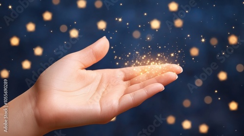 Hand releasing golden sparkles against a dark background, AI