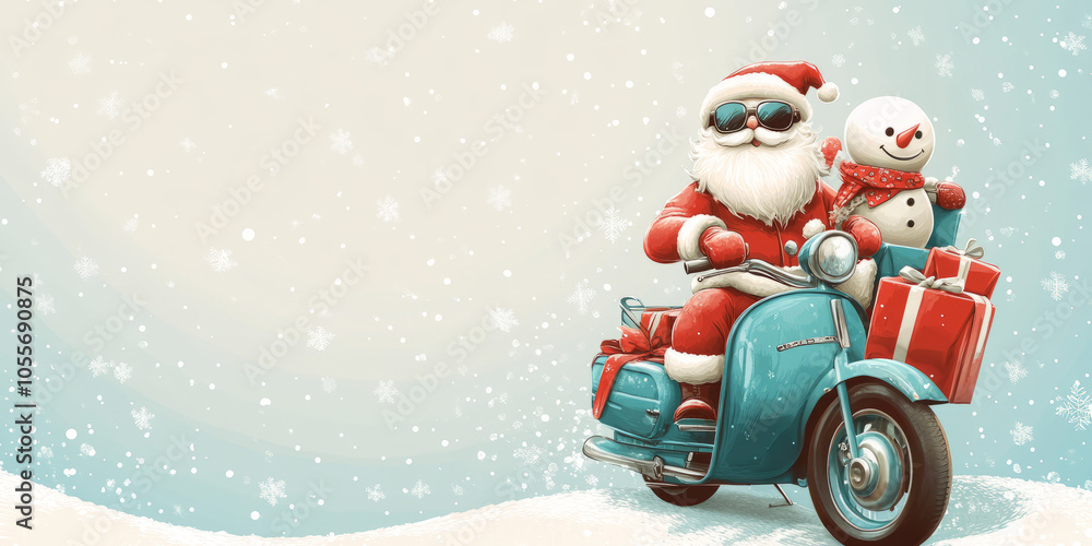 Santa Claus, in a festive red hat and scarf, riding his scooter ,motorbike, through a snowy winter wonderland,Generated By Ai Santa Claus, in a festive red hat and scarf, riding his scooter ,motorbike, through a snowy winter wonderland,Generated By Ai