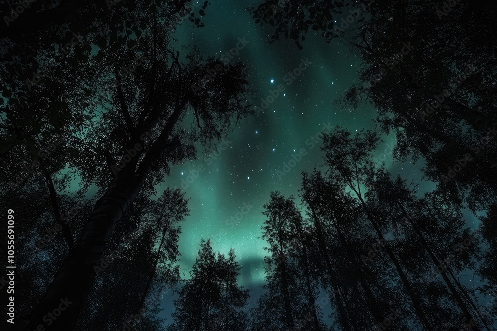 Silhouetted Trees Under a Starry Sky with an Aurora Borealis Silhouetted Trees Under a Starry Sky with an Aurora Borealis