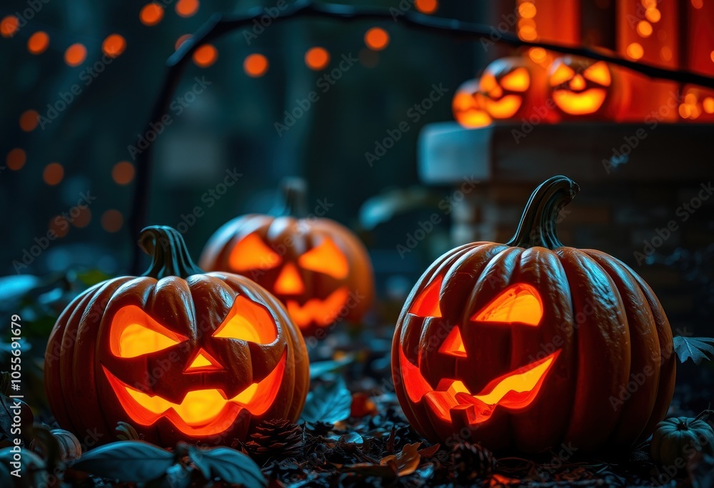 Spooky halloween pumpkins glowing in the night Spooky halloween pumpkins glowing in the night