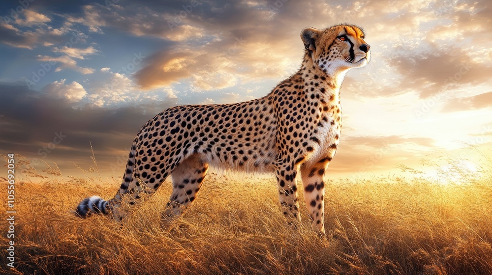 Cheetah in Golden Grassland at Sunset Cheetah in Golden Grassland at Sunset