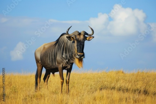 Blue wildebeest is standing in tall grass on a sunny day with blue skies and fluffy white clouds