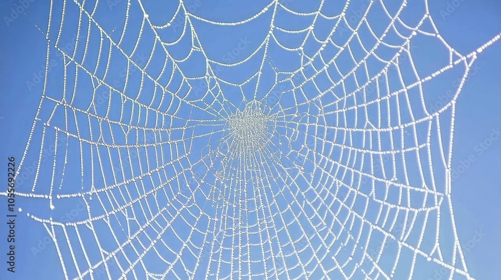 Obraz premium Delicate Spider Web with Dew Drops on Blue Background
