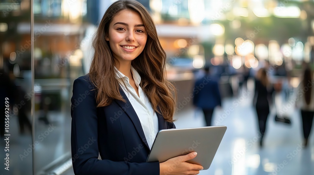 Professional businesswoman in navy suit with laptop, dynamic urban business setting Professional businesswoman in navy suit with laptop, dynamic urban business setting