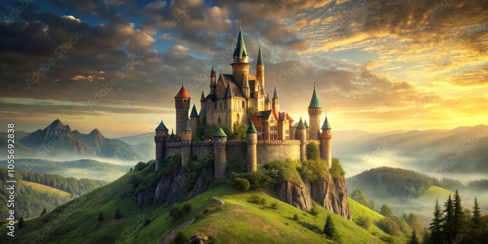 Fototapeta premium Old fantasy castle standing on a hill , castle, ancient, medieval, architecture, hilltop, historic, kingdom, stone