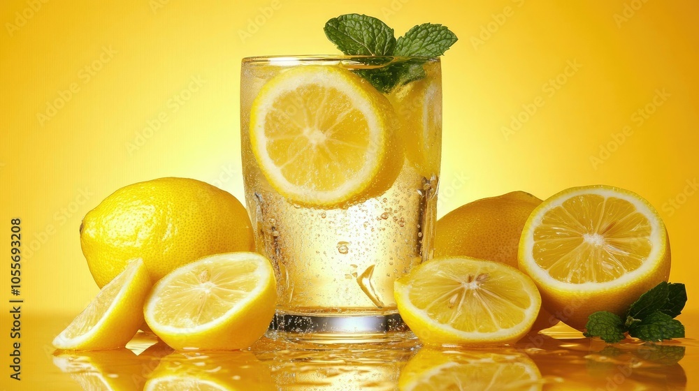 Refreshing Lemonade with Mint on Bright Yellow Background Refreshing Lemonade with Mint on Bright Yellow Background