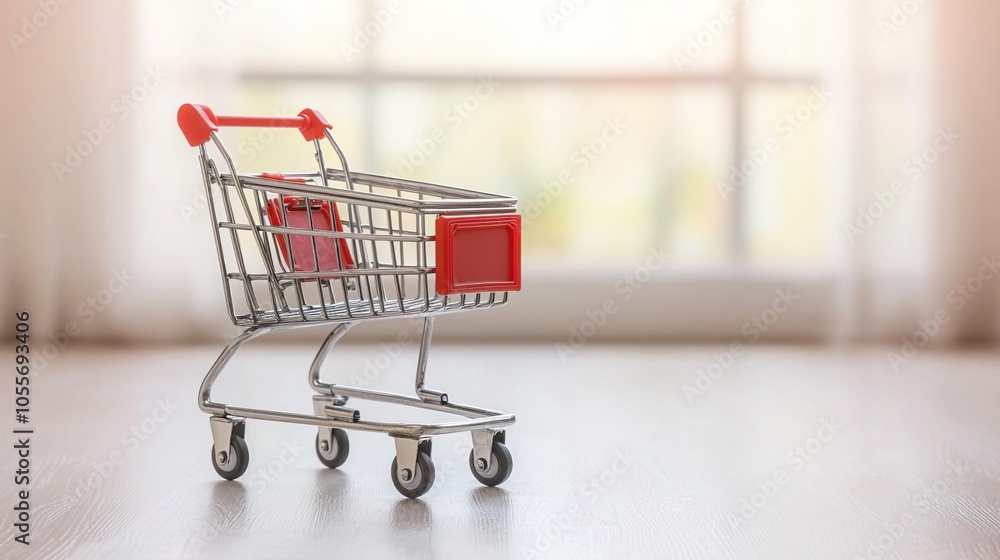 Abandoned shopping cart in a bright, empty studio, minimalist take on consumerism, representing overconsumption and waste