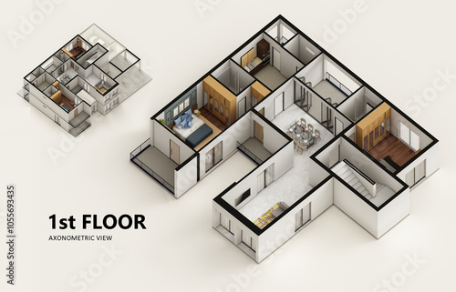 Small compact apartment isometric view 3d render