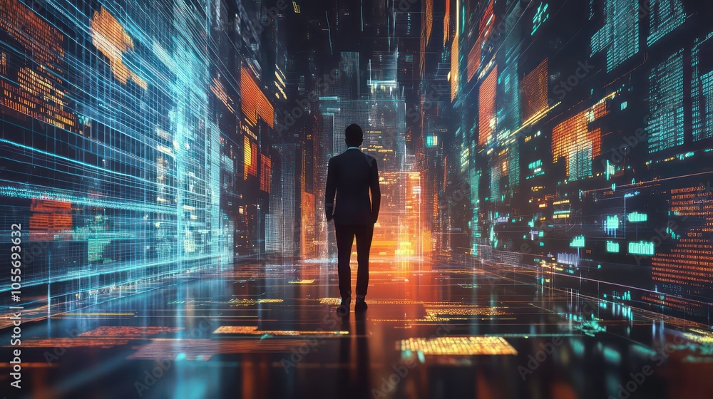 A silhouetted figure stands in a futuristic digital landscape filled with data streams. A silhouetted figure stands in a futuristic digital landscape filled with data streams.