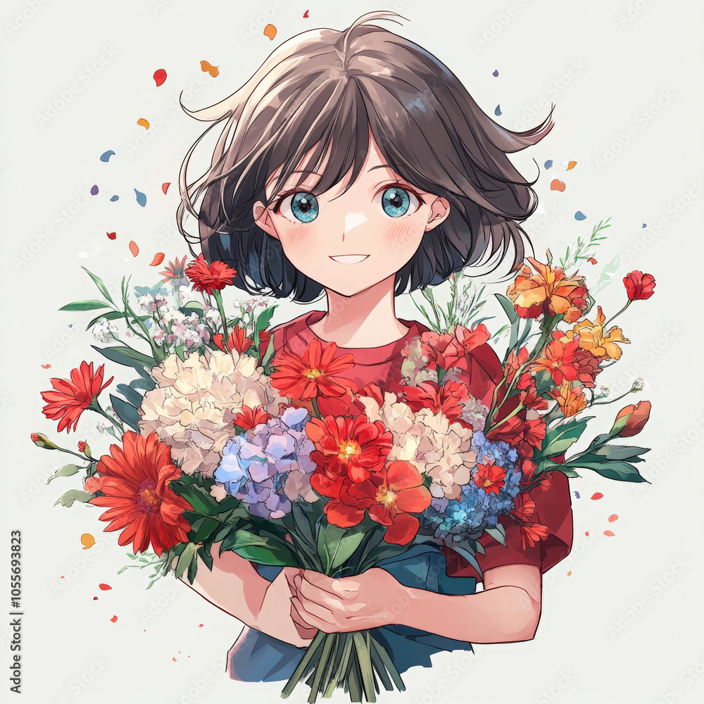 Joyful anime girl holding a vibrant bouquet of flowers Joyful anime girl holding a vibrant bouquet of flowers
