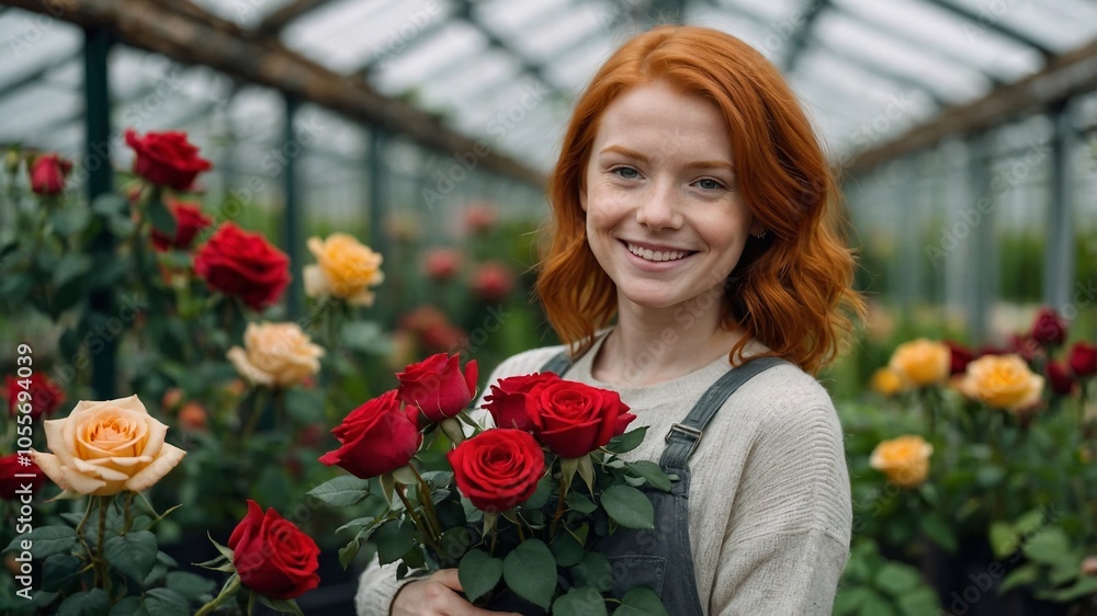 Red-haired young woman holding bouquet of roses standing in greenhouse among rose bushes Red-haired young woman holding bouquet of roses standing in greenhouse among rose bushes