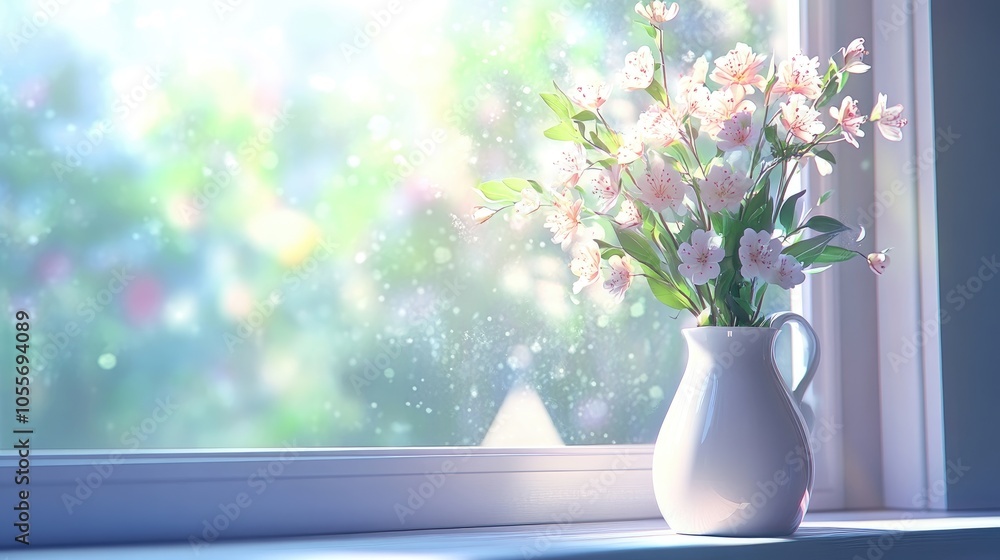 Fototapeta premium Fresh Flowers in Vase by a Sunlit Window