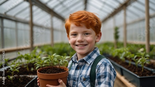 Cute little boy holding a flowerpot in a greenhouse. Ecoactivism, love of flowers, gardening, growing houseplants photo