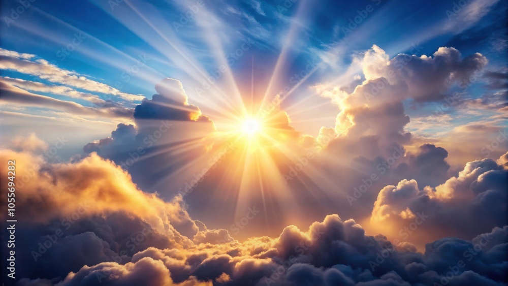 Light piercing through fluffy clouds, illuminating the sky and creating sun rays, Sun, light, clouds, sky, sun rays Light piercing through fluffy clouds, illuminating the sky and creating sun rays, Sun, light, clouds, sky, sun rays