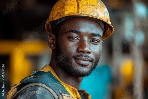 Confident construction worker in yellow hard hat on job site