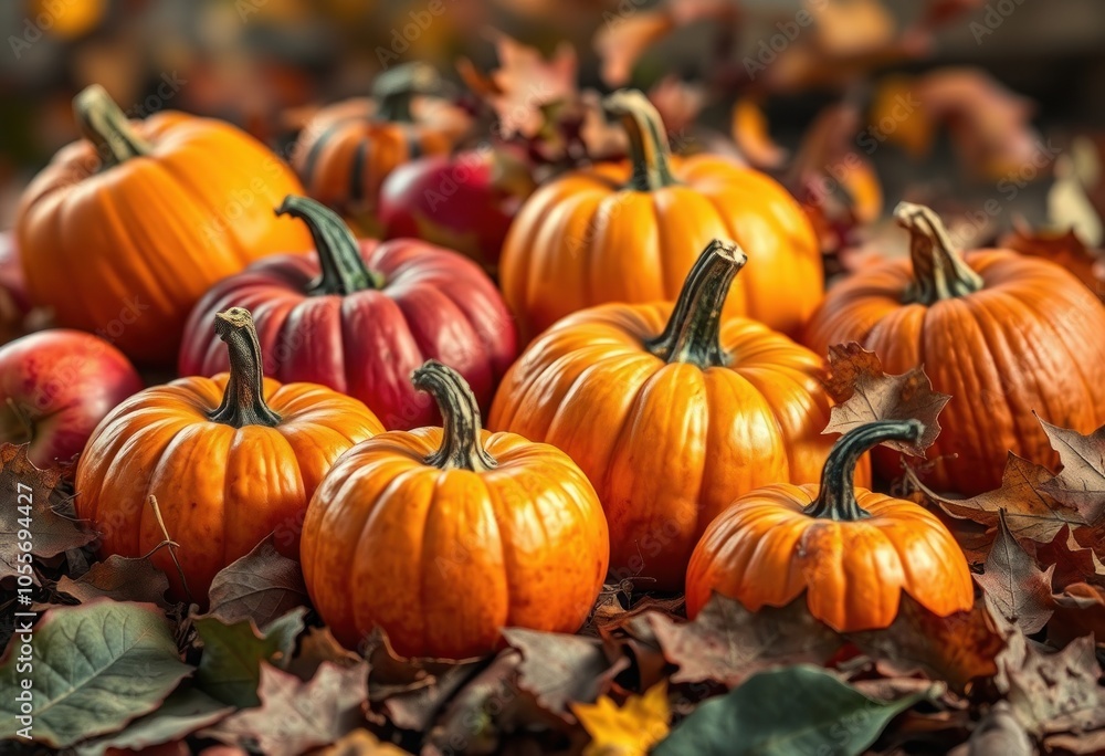 Autumn harvest vibrant pumpkins and apples in fall leaves Autumn harvest vibrant pumpkins and apples in fall leaves