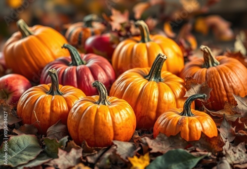 Autumn harvest vibrant pumpkins and apples in fall leaves