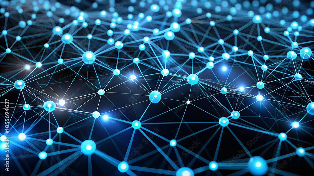 Abstract digital network with interconnected nodes and glowing blue connections on dark background Abstract digital network with interconnected nodes and glowing blue connections on dark background