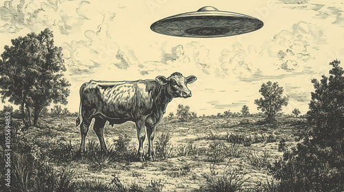 Whimsical ufo encounter with cow in vintage color engraving art
