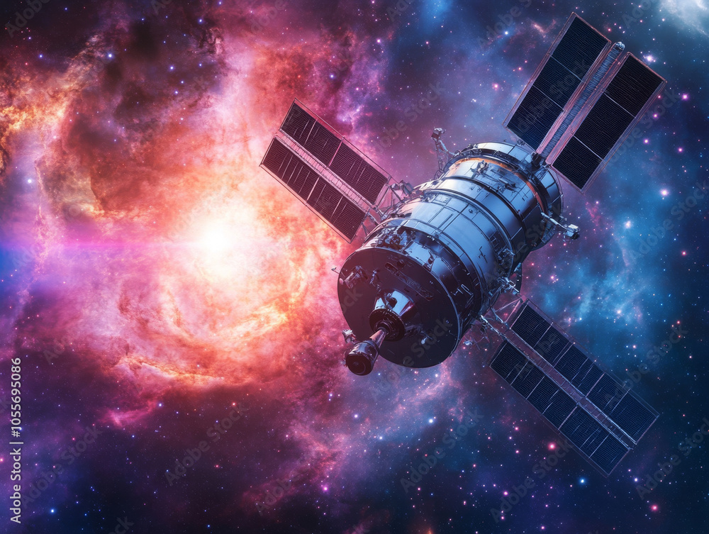 A view of a giant space telescope orbiting Earth, capturing images of distant galaxies. A view of a giant space telescope orbiting Earth, capturing images of distant galaxies.