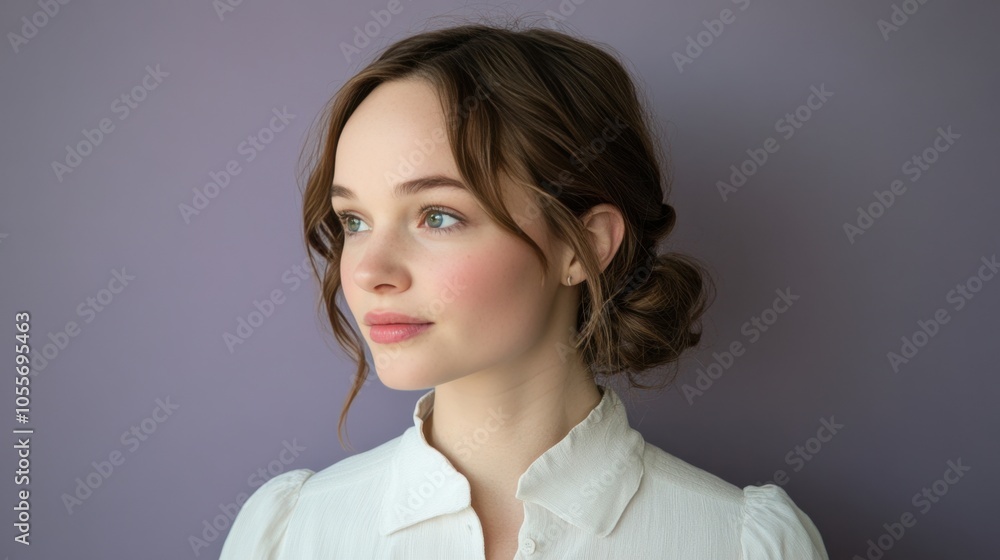 Serene young woman with natural makeup on purple background Serene young woman with natural makeup on purple background
