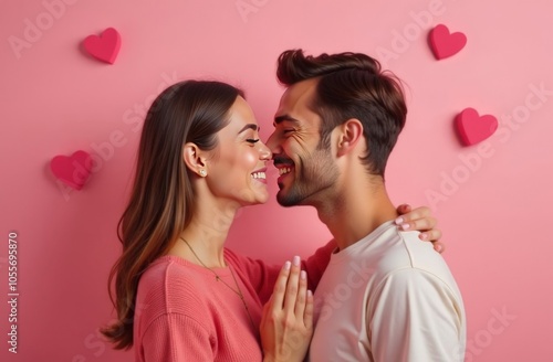 Portrait of young couple with mobile phones chatting online on red background. Valentine's Day celebration