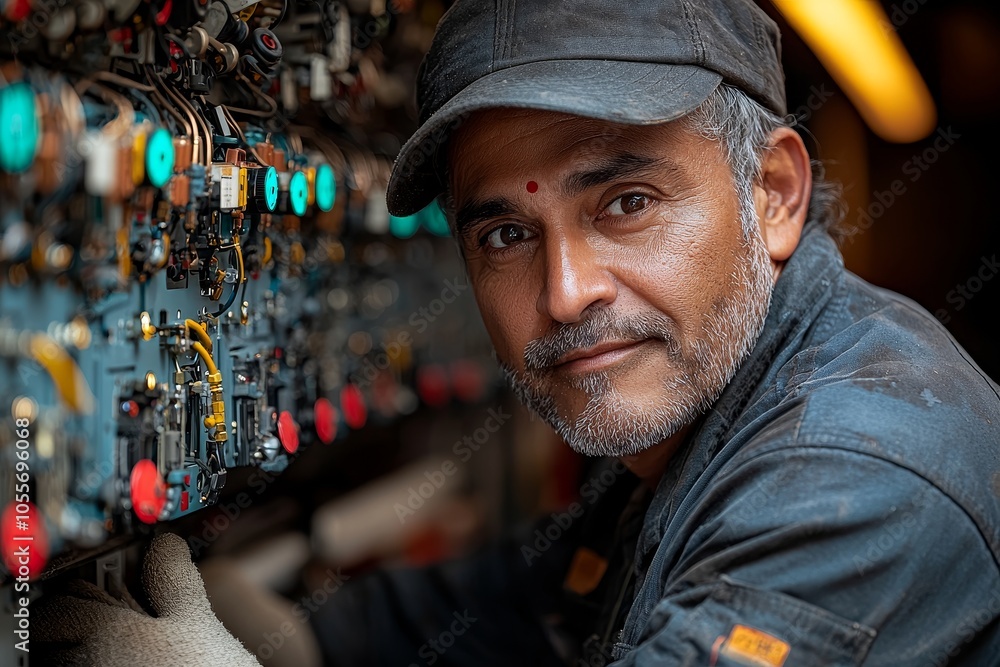 Portrait of a skilled engineer working on complex industrial machinery Portrait of a skilled engineer working on complex industrial machinery
