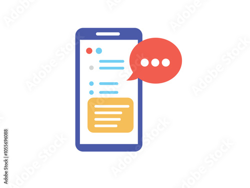 Simple flat design illustration of a mobile phone screen displaying a chat interface with a notification speech bubble, representing messaging and communication.