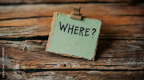 A pastel-colored card held by a clip on a wooden background bears the word 'WHERE?', stirring thoughts of exploration, calmness and artistic simplicity. photo