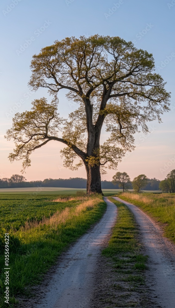 Lonely Tree At Sunset With Path, Summer Rural Landscape, Green Field, Idyllic countryside Scenery Lonely Tree At Sunset With Path, Summer Rural Landscape, Green Field, Idyllic countryside Scenery