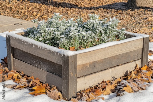 -dusted plants in wooden planter on sunny winter day