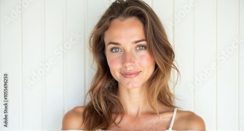 An Estonian woman with fair skin and a soft smile