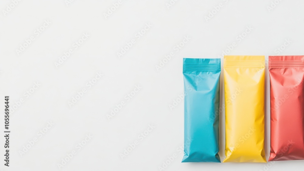 Three brightly colored packaging bags (blue, yellow, red) are lined up against a plain background, exuding a clean and modern aesthetic. Three brightly colored packaging bags (blue, yellow, red) are lined up against a plain background, exuding a clean and modern aesthetic.