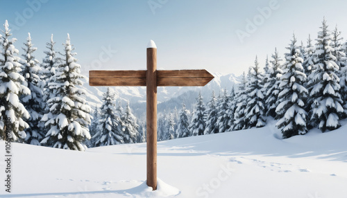 Wooden signpost in snow isolated on transparent or white background