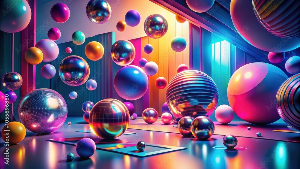 Surreal Abstract Geometric Forms and Spheres Floating in Colorful Space Surreal Abstract Geometric Forms and Spheres Floating in Colorful Space