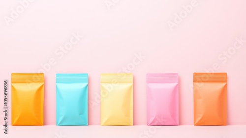 A vibrant display of colorful, sealed packaging bags arranged in a row against a soft pink backdrop.