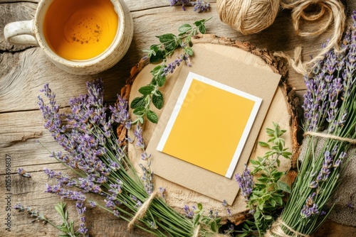 Relaxing tea time with herbal lavender blank notecard on rustic wood photo