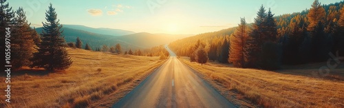 Winding Road Through a Forest at Sunset