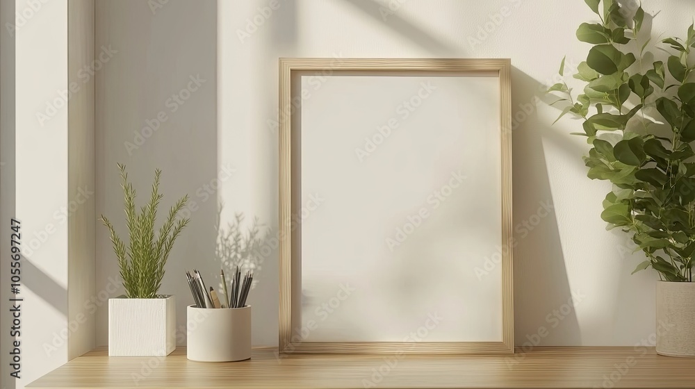 Modern interior with mock up photo frame, design office accessories and plants on the wooden desk. Beautiful mirror on the white wall. Creative desk of home decor. Warm and sunny room Modern interior with mock up photo frame, design office accessories and plants on the wooden desk. Beautiful mirror on the white wall. Creative desk of home decor. Warm and sunny room