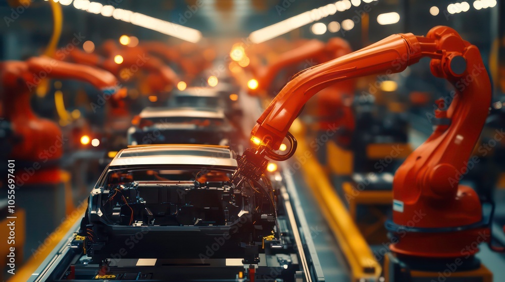 Fototapeta premium Robotic arms in an automotive assembly line, highlighting industrial automation processes.