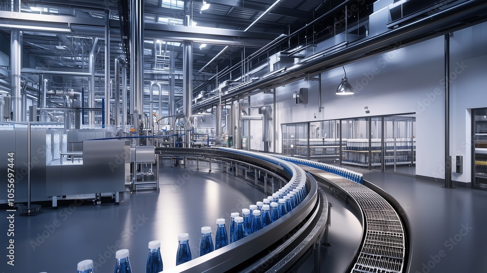 Fototapeta premium Plastic bottles on a conveyor belt in a water bottling plant, symbolizing automation and efficiency.