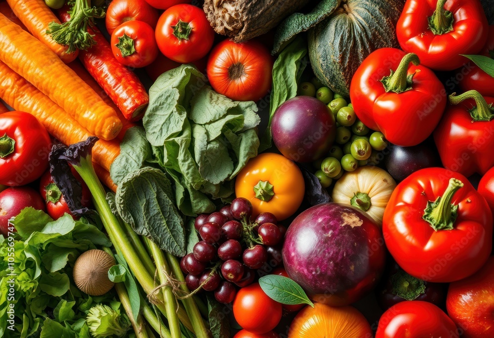 Vibrant fresh vegetables and fruits displayed together Vibrant fresh vegetables and fruits displayed together