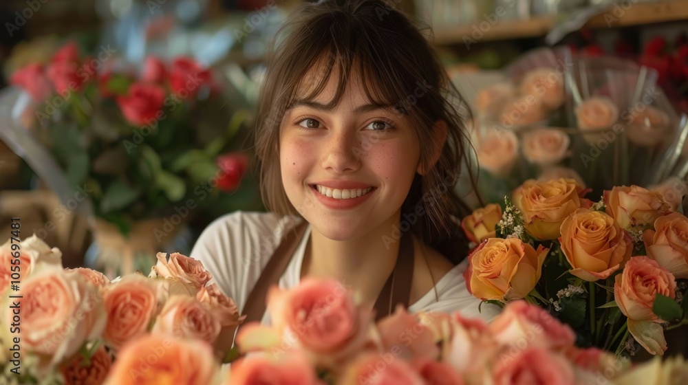 Fototapeta premium A young woman florist smiles warmly behind a counter of pink roses.